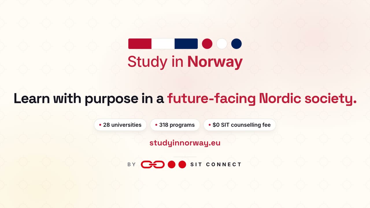 Promotional video about studying in Norway: a student pass stamped admitted, six application steps completed one by one, and student cities in Norway.